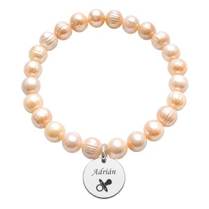 PULSERA PERLAS NATURALES CON MEDALLA PERSONALIZADA, PLATA DE LEY 925
