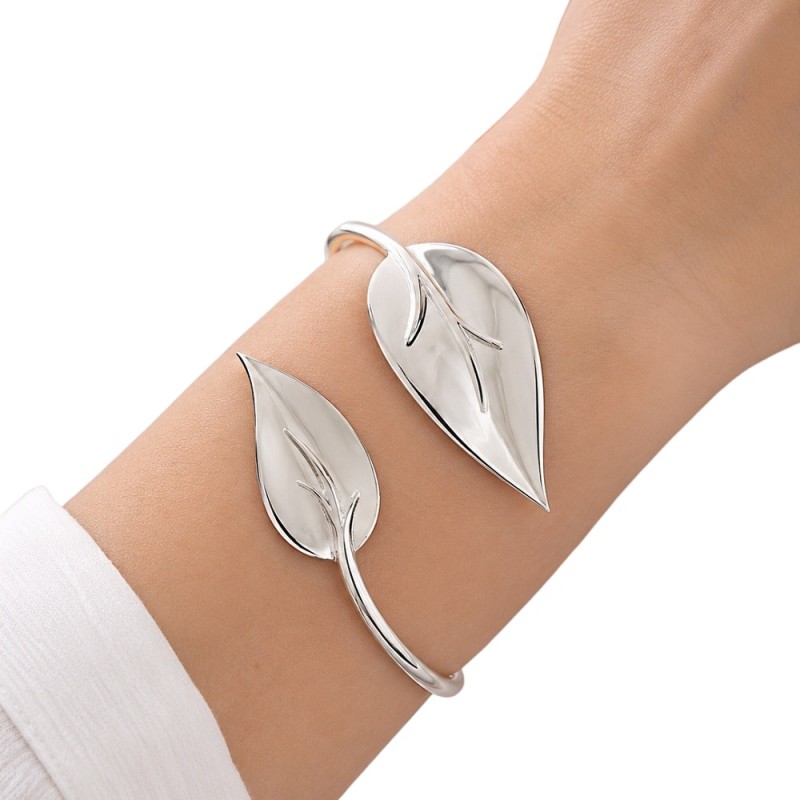 PULSERA PLATA ABIERTA HOJAS AJUSTABLE