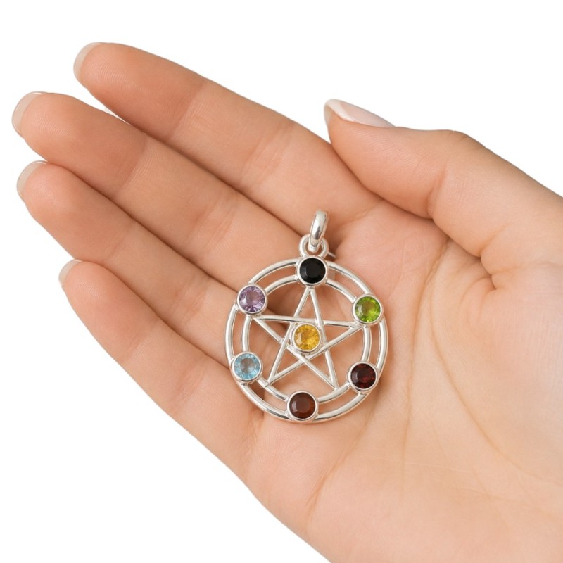 COLGANTE PENTAGRAMA 7 CHAKRAS PLATA DE LEY