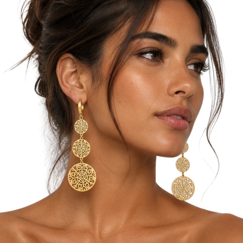 PENDIENTES LARGOS FILIGRANA DORADOS ACERO