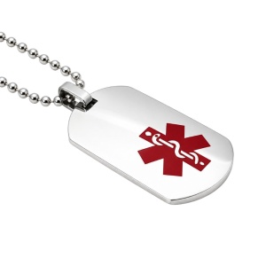 COLGANTE PLACA ALERTA MÉDICA, ALÉRGICOS, ALZHEIMER, EN ACERO