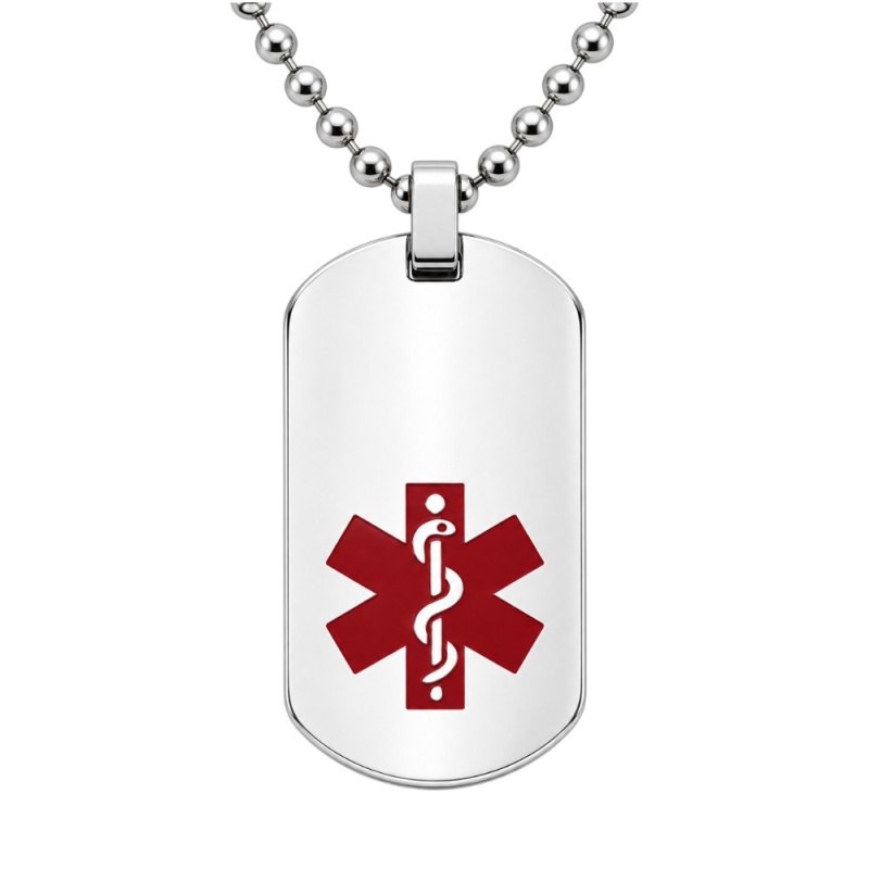 COLGANTE PLACA ALERTA MÉDICA, ALÉRGICOS, ALZHEIMER, EN ACERO