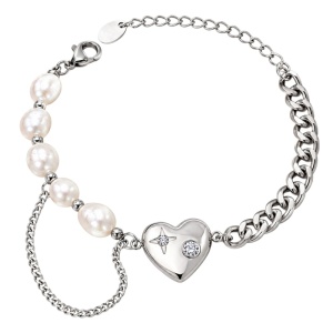 pulsera perlas naturales y acero con corazón personalizado