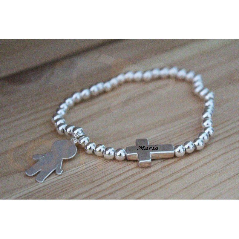 PULSERA BOLAS PLATA DE LEY CON CRUZ