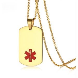 COLGANTE PLACA ALERTA MÉDICA, ALÉRGICOS, ALZHEIMER, EN ACERO