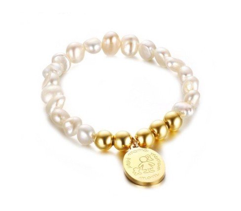 PULSERA PERSONALIZADA PARA MAMÁS, PERLAS Y BOLAS DORADAS ACERO