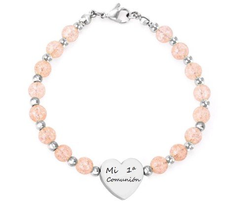PULSERA PERSONALIZADA BOLAS MURANO ESCARCHADAS Y ACERO CON CORAZÓN PARA GRABAR