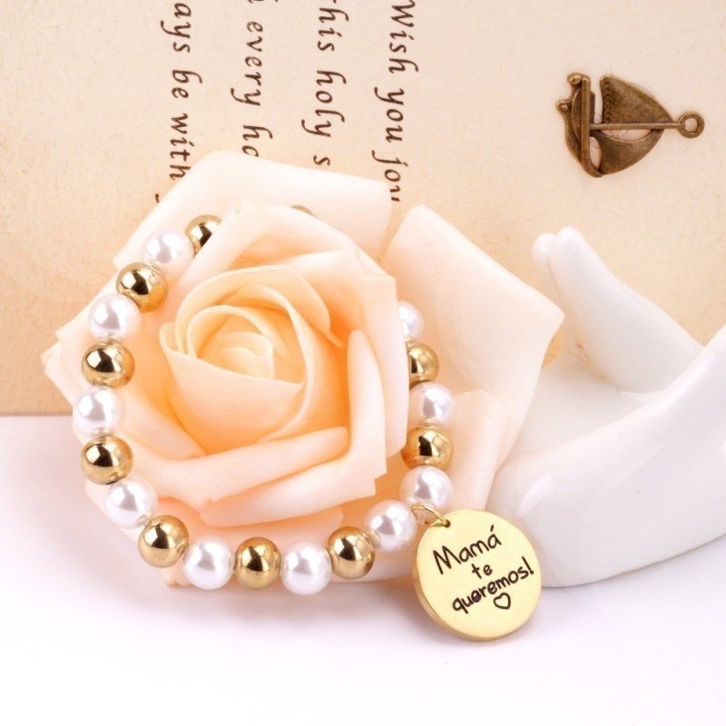 PULSERA PERSONALIZADA PARA MAMÁS, PERLAS Y ACERO ORO
