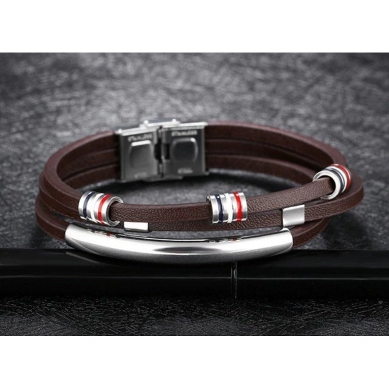 ESCLAVA PARA HOMBRE EN ACERO Y CUERO MARRÓN CON ENTREPIEZAS