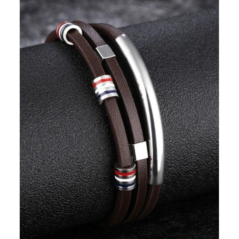 ESCLAVA PARA HOMBRE EN ACERO Y CUERO MARRÓN CON ENTREPIEZAS