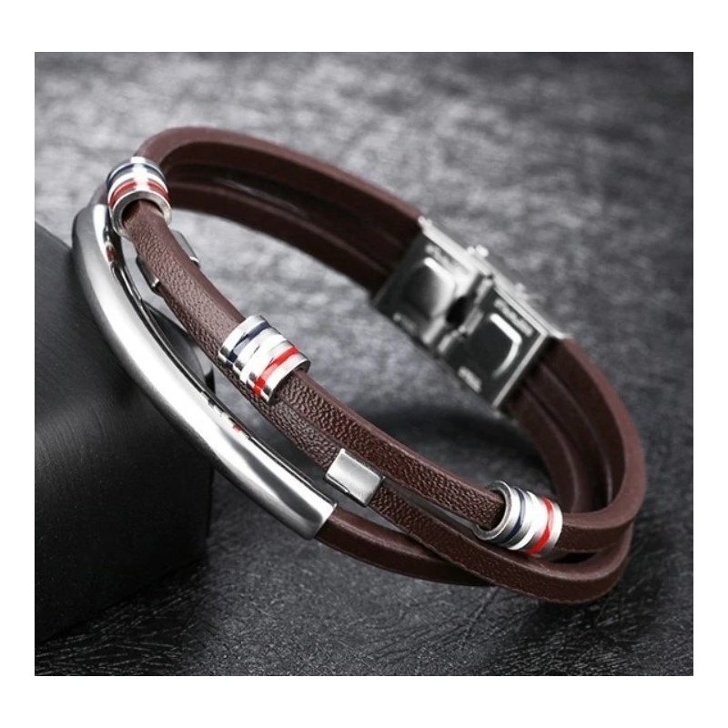 ESCLAVA PARA HOMBRE EN ACERO Y CUERO MARRÓN CON ENTREPIEZAS