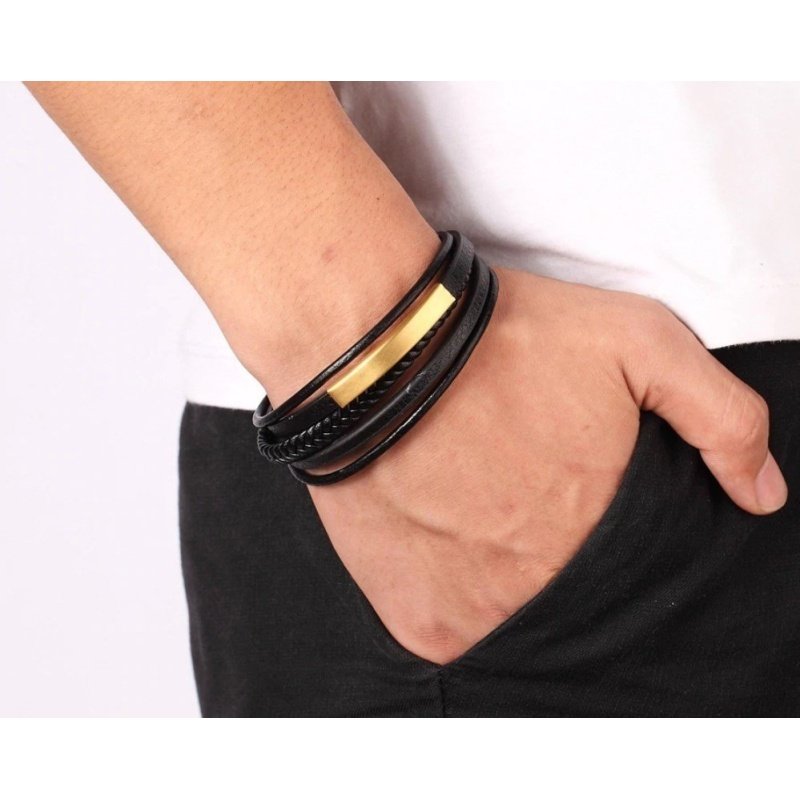 ESCLAVA DISEÑO FILAS EN ACERO Y CUERO, 3 COLORES