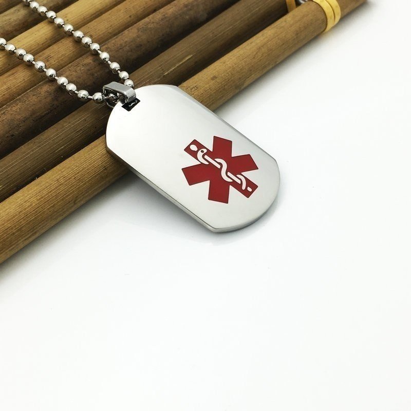 COLGANTE PLACA ALERTA MÉDICA, ALÉRGICOS, ALZHEIMER, EN ACERO