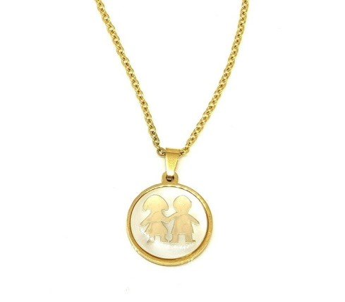 COLGANTE "NIÑO Y NIÑA", ACERO , ORO Y NÁCAR