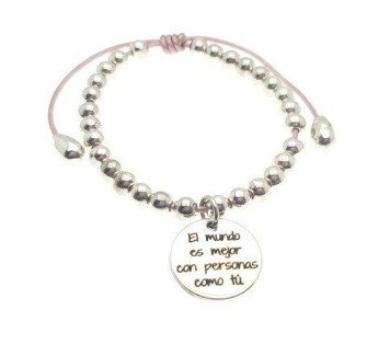 pulseras personalizadas de bolas con cuero rosa y zamak plata design