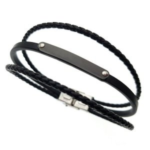 ESCLAVA 3 FILAS ACERO Y CUERO NEGRO (SE GRABA)