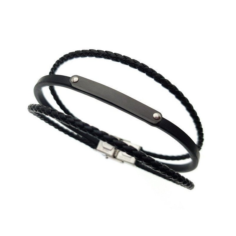 ESCLAVA TRES FILAS CUERO NEGRO Y ACERO PERSONALIZADA