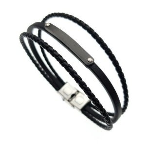 ESCLAVA 3 FILAS ACERO Y CUERO NEGRO (SE GRABA)