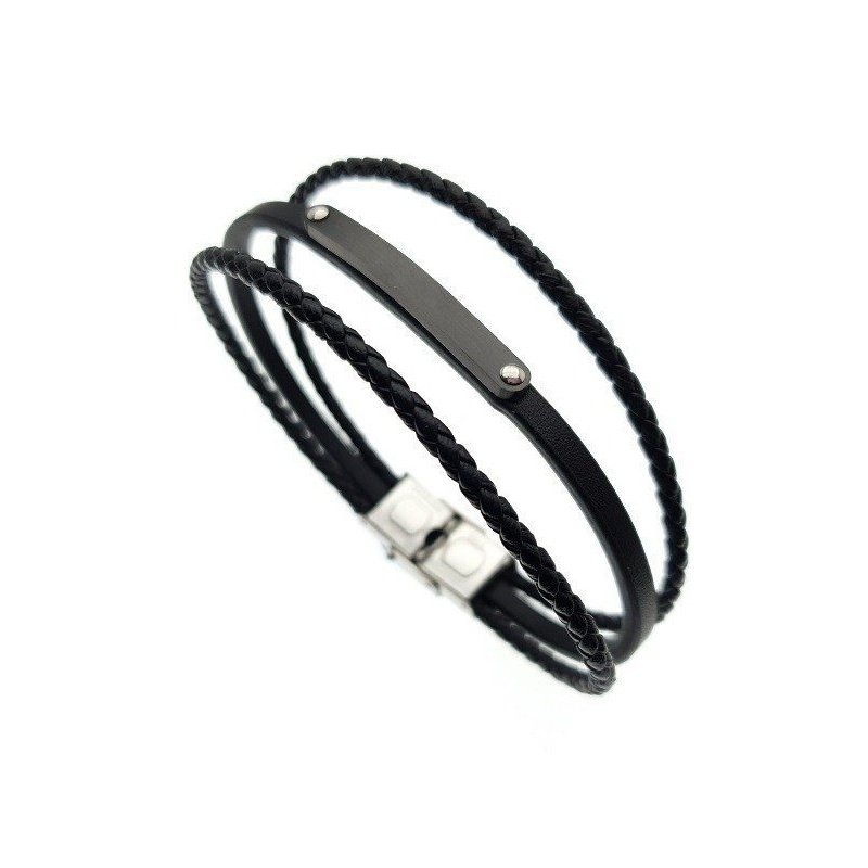 ESCLAVA TRES FILAS CUERO NEGRO Y ACERO PERSONALIZADA