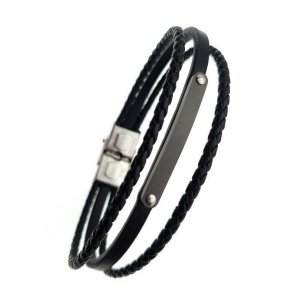 ESCLAVA 3 FILAS ACERO Y CUERO NEGRO (SE GRABA)