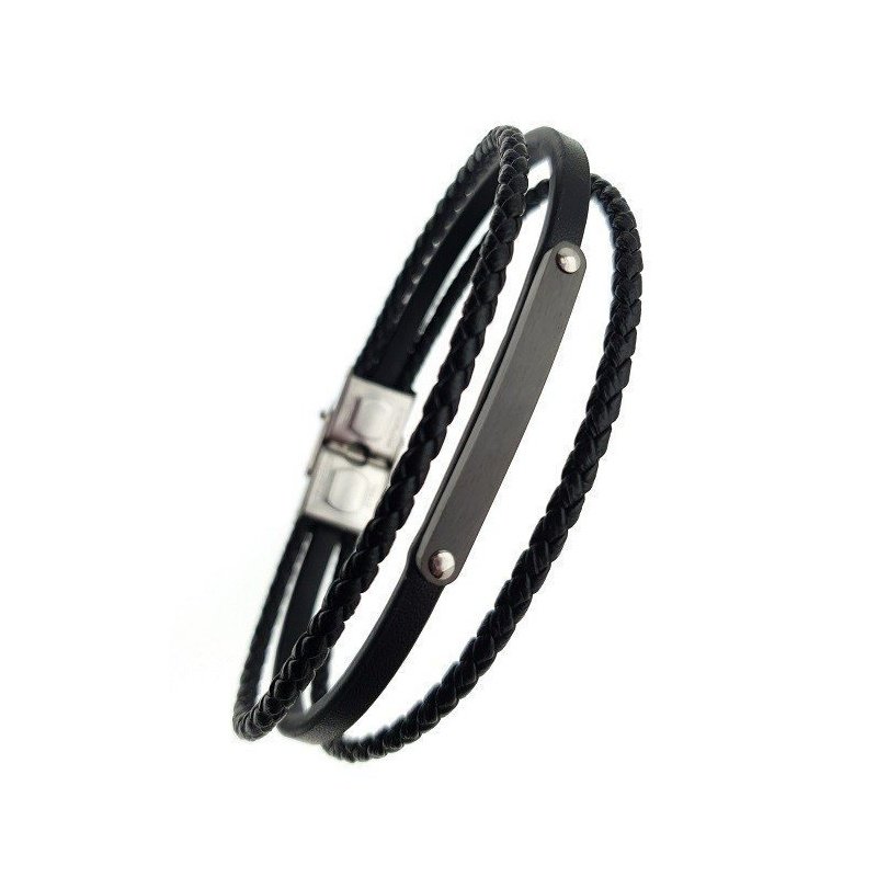 ESCLAVA TRES FILAS CUERO NEGRO Y ACERO PERSONALIZADA