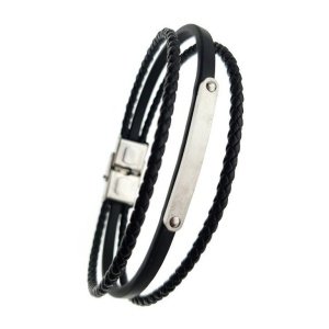 ESCLAVA 3 FILAS ACERO Y CUERO NEGRO (SE GRABA)