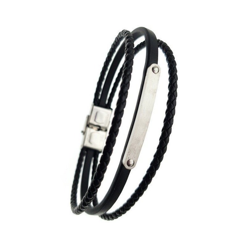 ESCLAVA TRES FILAS CUERO NEGRO Y ACERO PERSONALIZADA