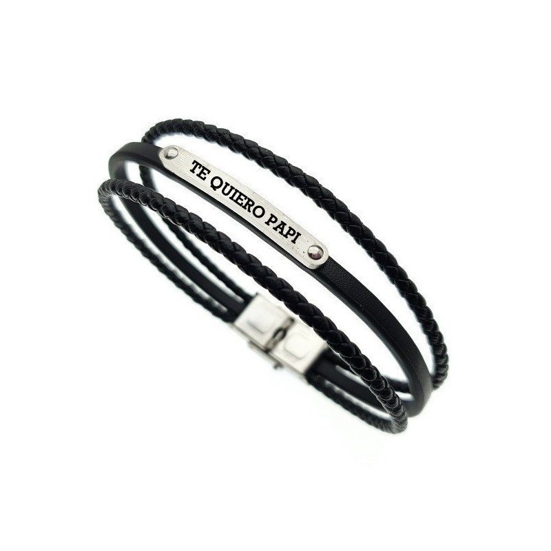 ESCLAVA TRES FILAS CUERO NEGRO Y ACERO PERSONALIZADA