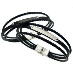 ESCLAVA 3 FILAS ACERO Y CUERO NEGRO (SE GRABA)