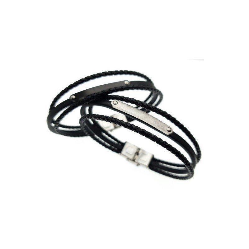 ESCLAVA TRES FILAS CUERO NEGRO Y ACERO PERSONALIZADA