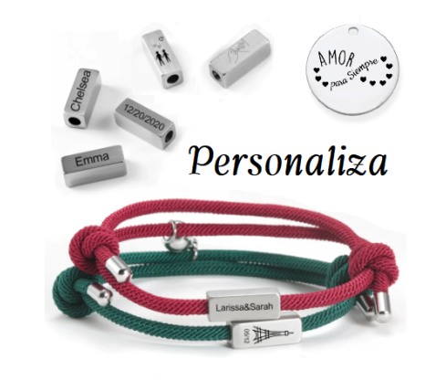 DOS PULSERAS PARA PAREJAS CON IMÁN Y TUBO PERSONALIZADO, VARIOS COLORES