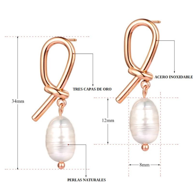 PENDIENTES PERLAS NUDO ACERO Y ORO WATERPROOF