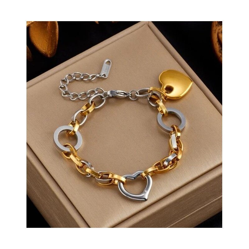 PULSERA CORAZONES BICOLOR ACERO INOXIDABLE Y ORO