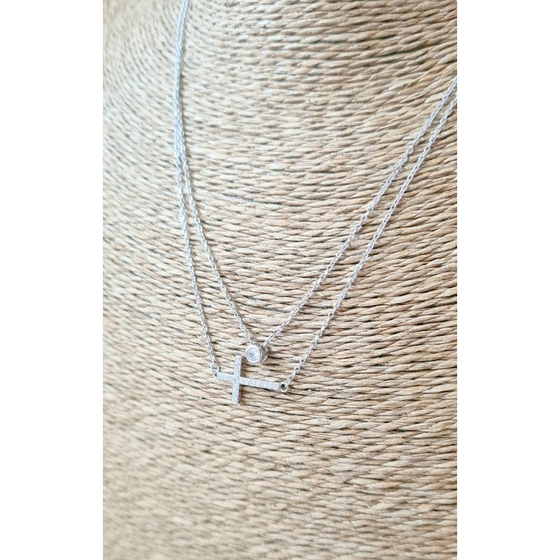 GARGANTILLA DOBLE CON CRUZ HORIZONTAL, PLATA DE 1ª LEY